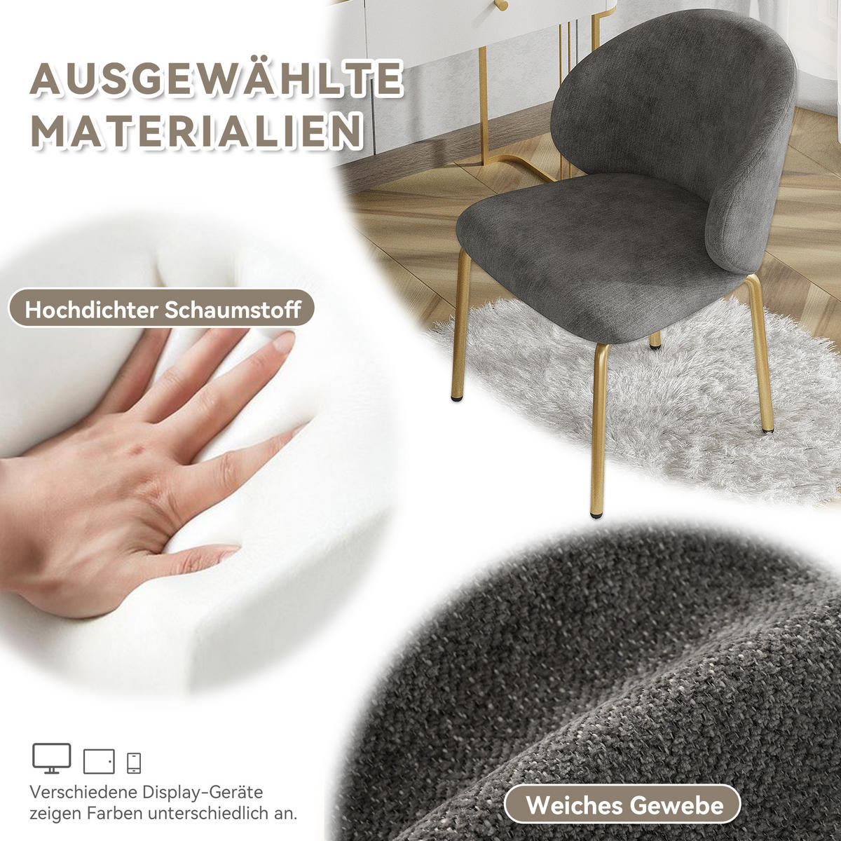 ESSZIMMERSTUHL Chenille mit goldfarbenem Metallgestell 47,5/56/74 cm grau - Grau, Textil (47.5/74/56cm) - Redom