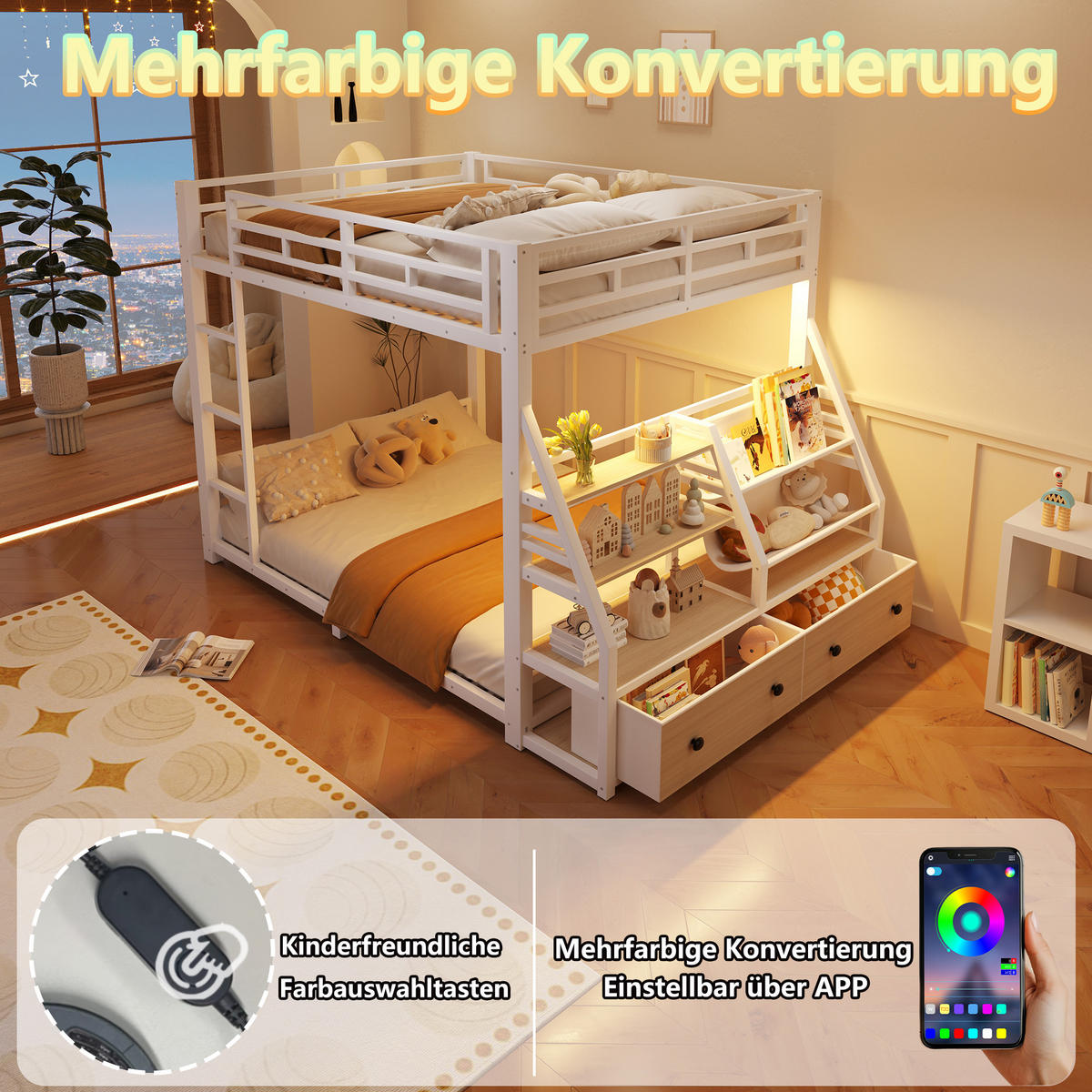 ETAGENBETT 140/200 cm in Weiß mit 2 Stoffschubladen, Ablagen und LED - Weiß, Holzwerkstoff/Metall (140/200cm) - STILVORA