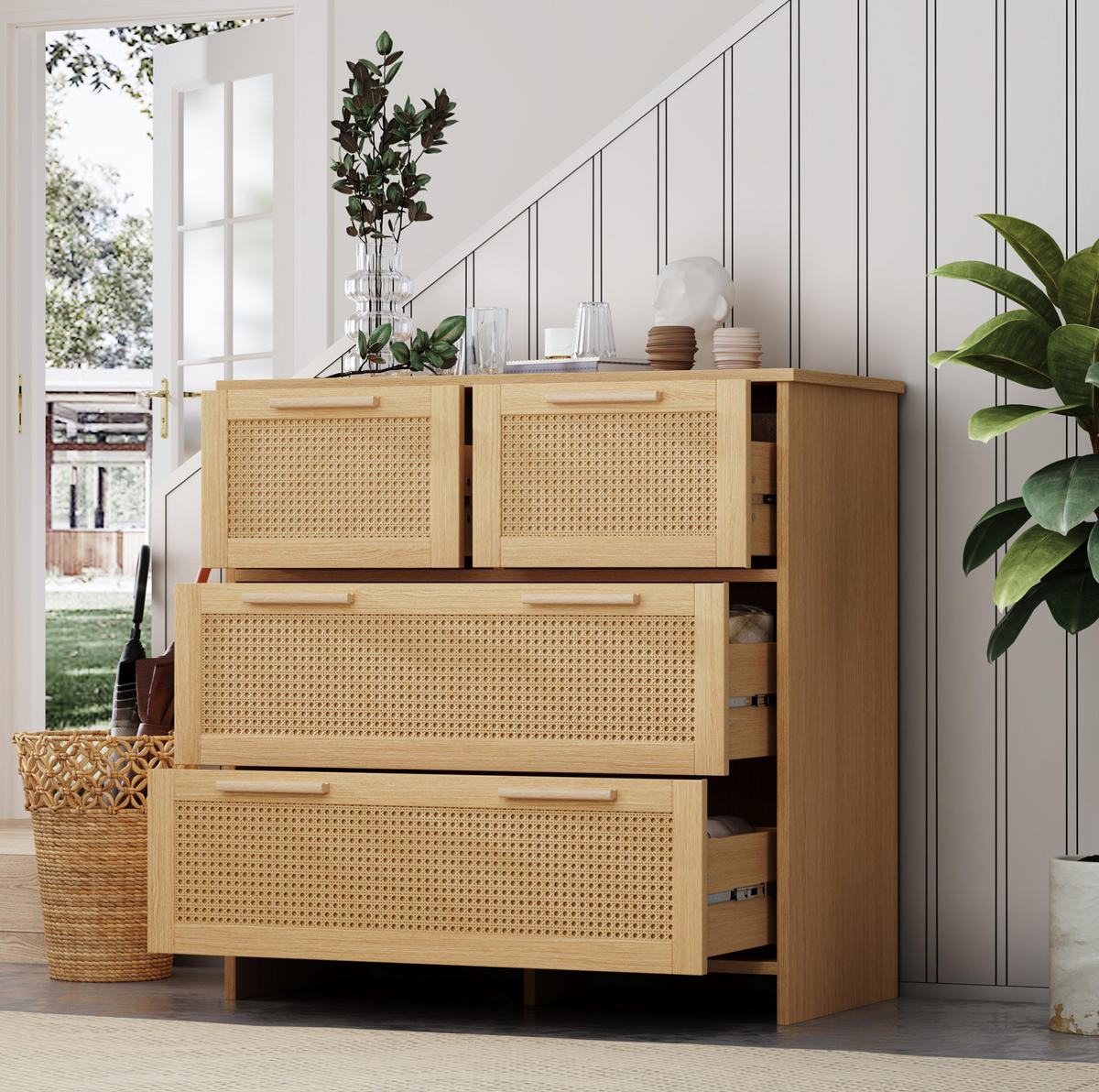 KOMMODE 80/38/80 cm mit 4 Schubladen und Rattanfronten - Naturfarben, Holzwerkstoff (38/80/80cm) - BEAOK