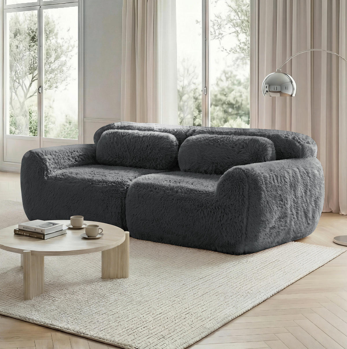 2-SITZER Sofa aus Plüschstoff, rahmenlos und modular mit Kissen, Grau - Grau, Textil (204/73/104cm) - Redom