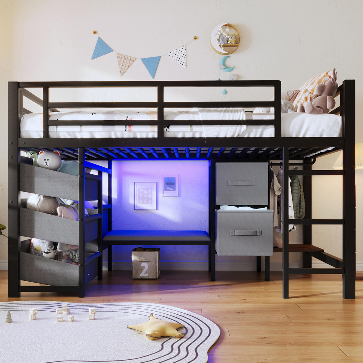 HALBHOHES BETT 90x200cm Schwarz Metall LED-Licht Sitzkissen - Schwarz, Metall (90/200cm) - FLIEKS