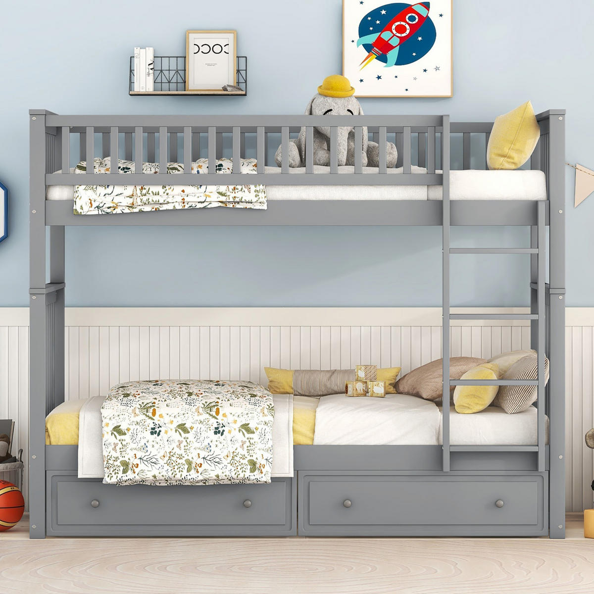 ETAGENBETT 90/200 cm Grau mit 2 Schubladen, teilbar in 2 Betten - Grau, Holz (90/200cm) - Flora Grace