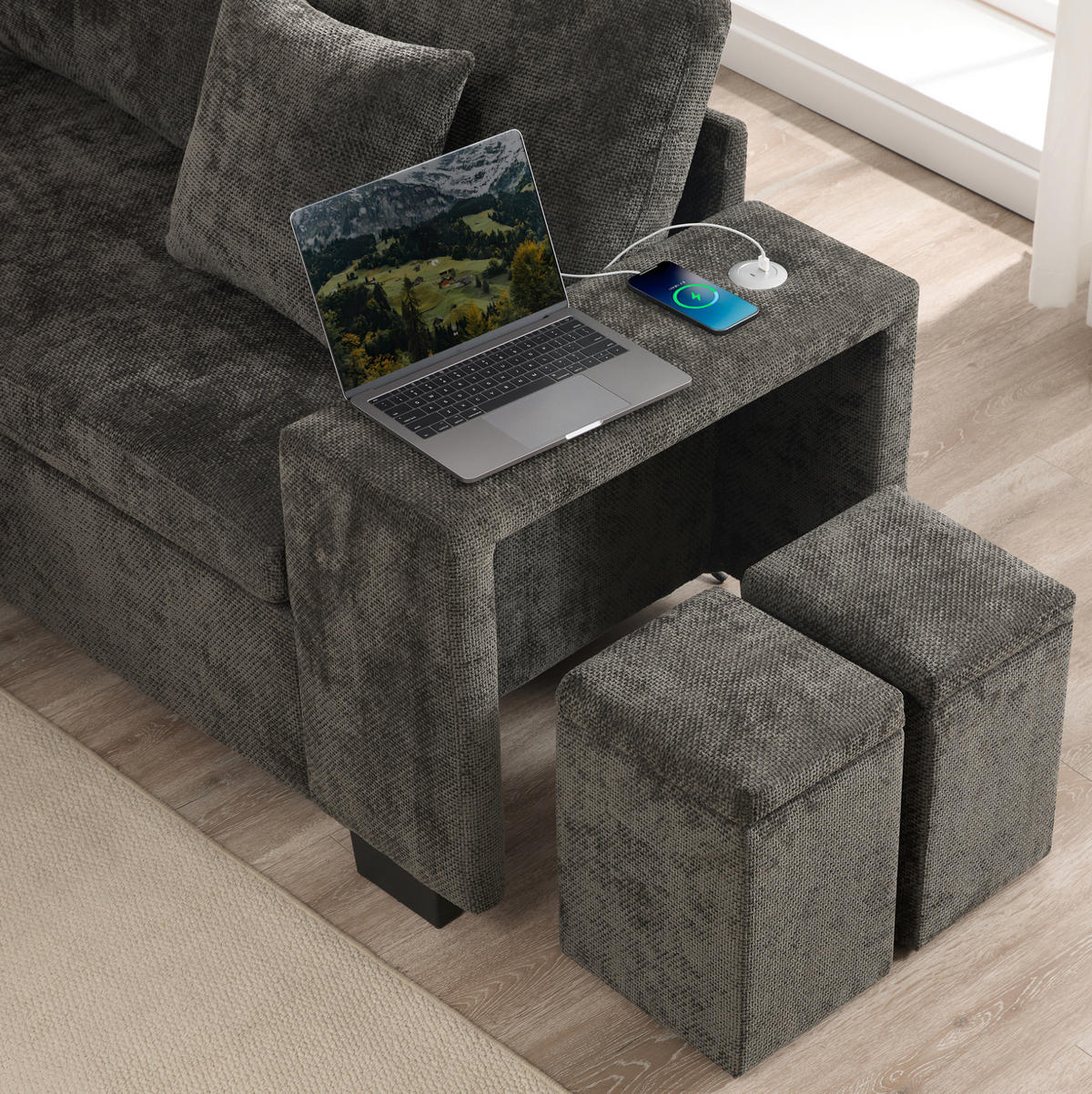ECKSOFA 220/205/86,5 cm mit Schlaffunktion, Stauraum, USB- und USB-C-Anschluss, Chenille, Grau - Grau, Textil (220/205cm) - Redom