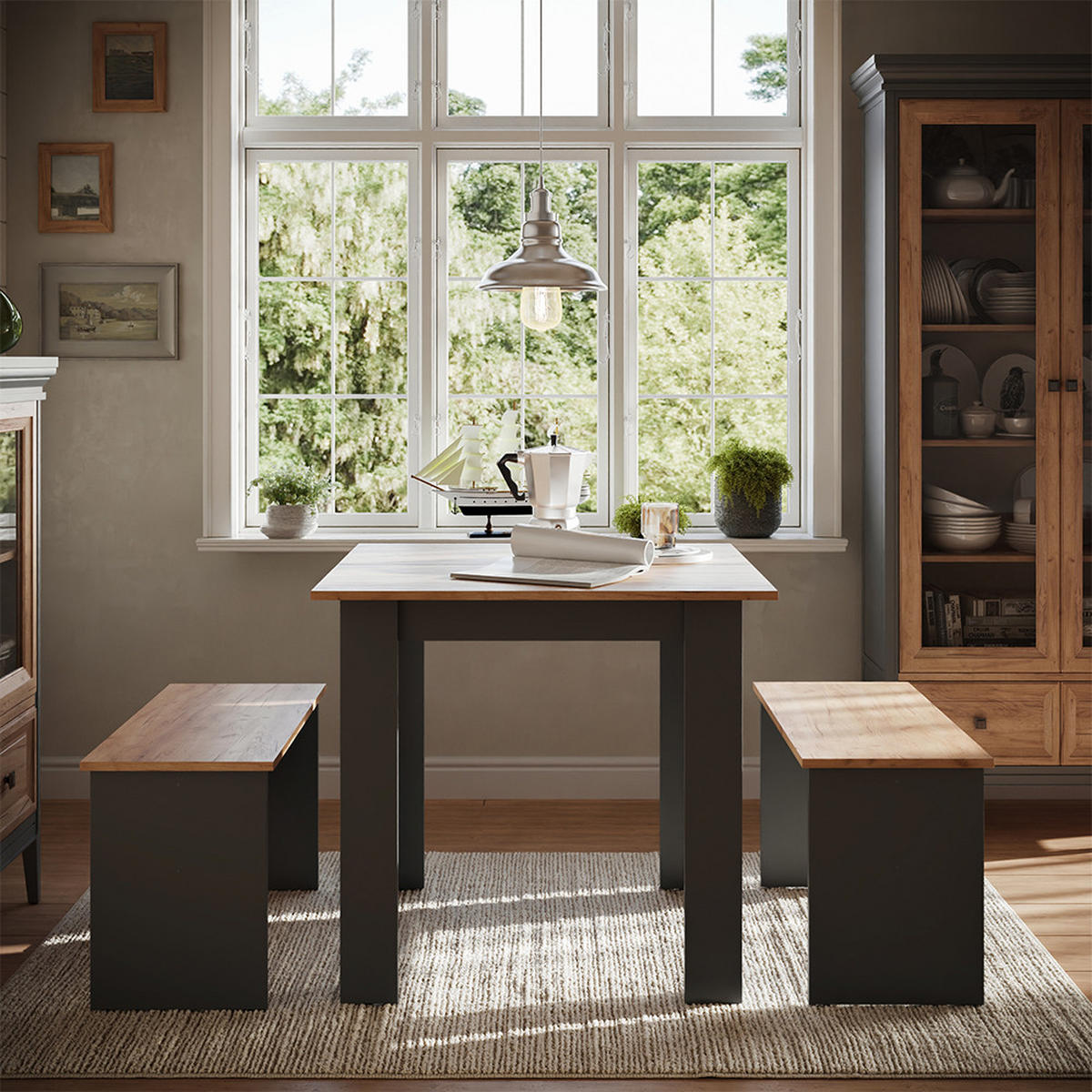 ESSTISCH SET Sentio Anthrazit/Goldkraft Eiche 80 x 80 cm mit 2 Bänken - Anthrazit, Holzwerkstoff (80/73/80cm) - Vicco