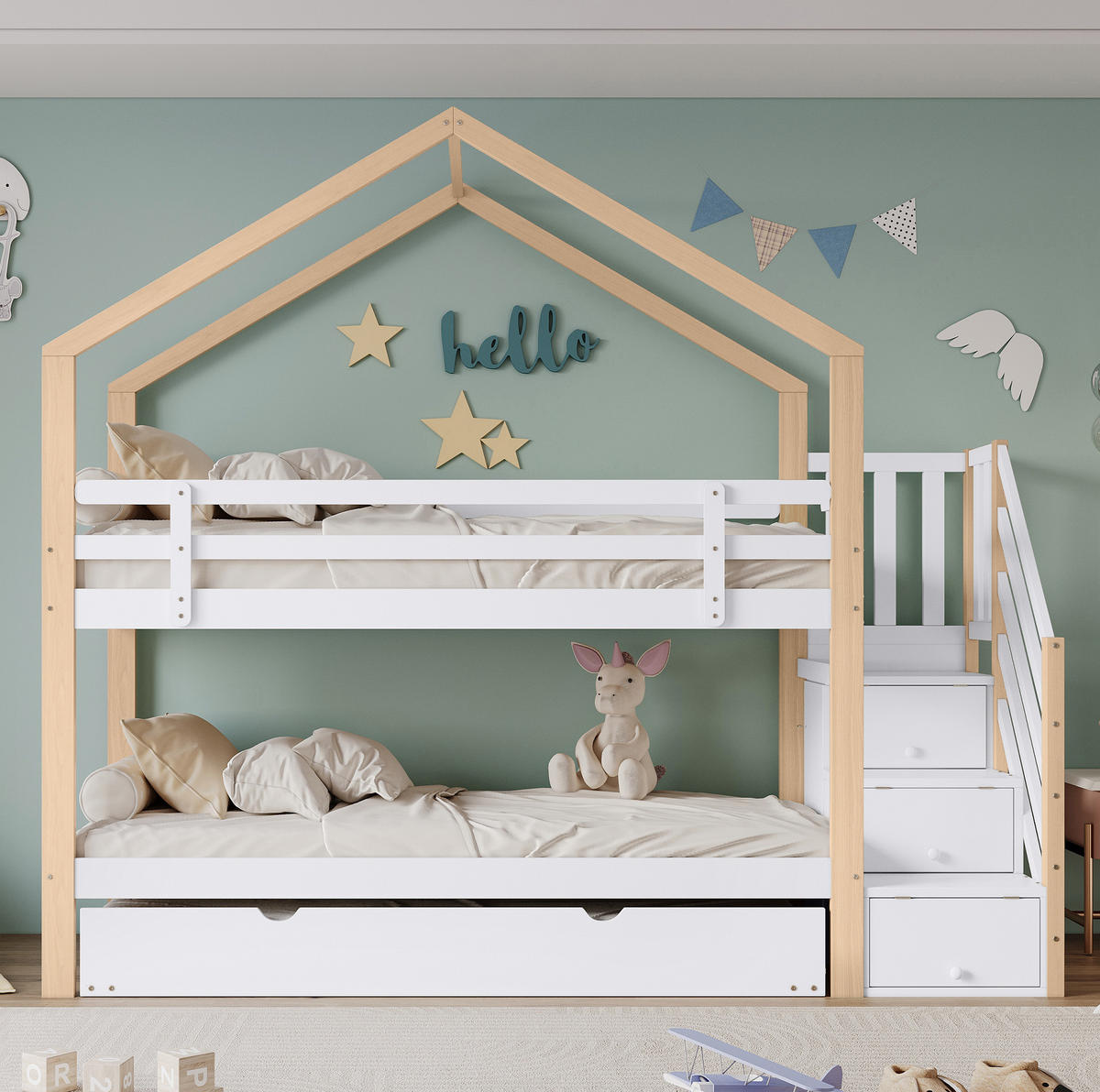 HAUSBETT 90/200 cm ausziehbar mit Treppe und Schubladen in Natur/Weiß - Weiß, Holz (90/200cm) - BEAOK