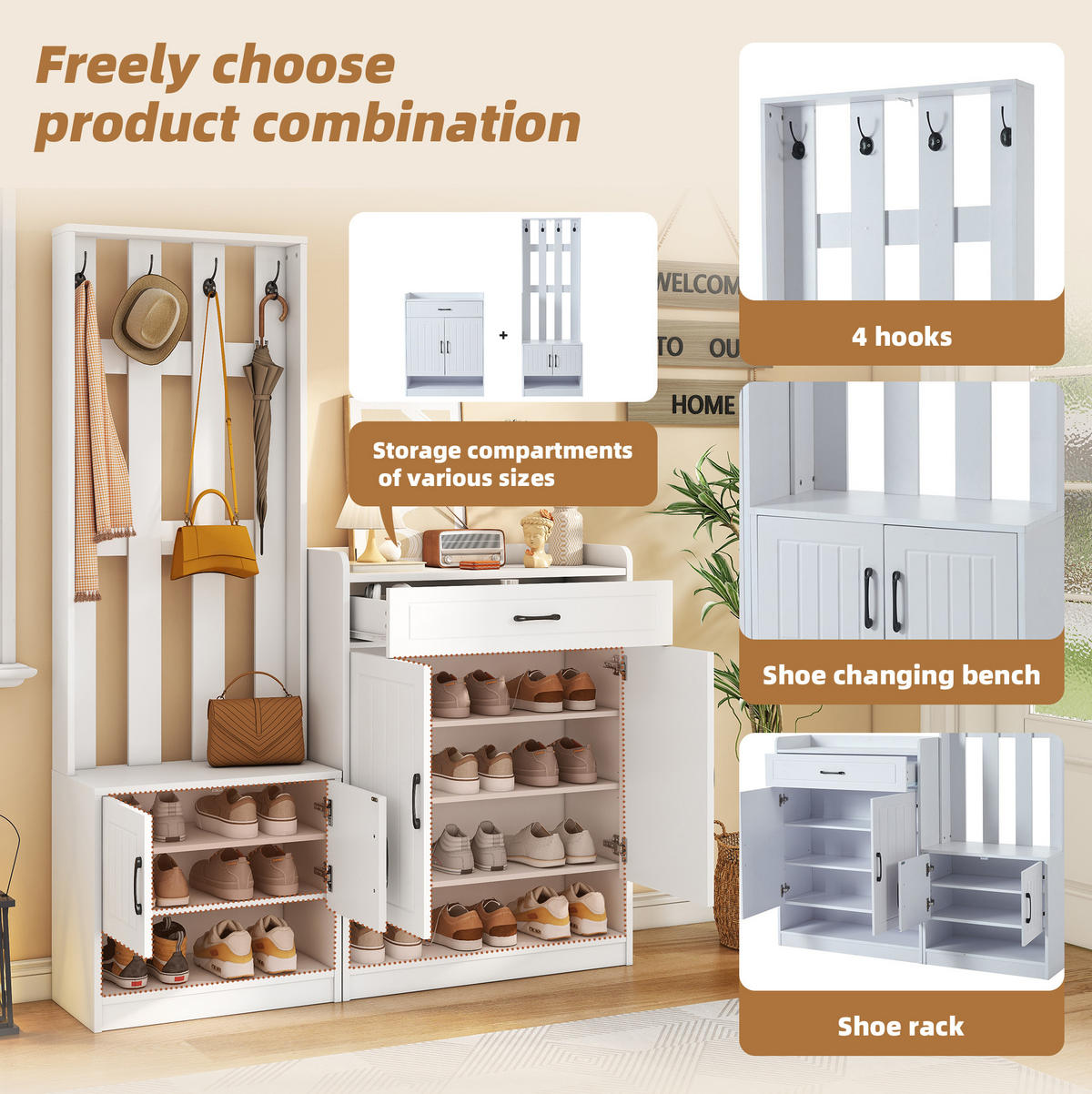 GARDEROBE 140/180/30,5 cm Weiß aus Spanplatte mit Schuhschrank und Sitzbank 3er Set - Weiß, Holzwerkstoff (30.5/180/140.6cm) - OKMYHOME
