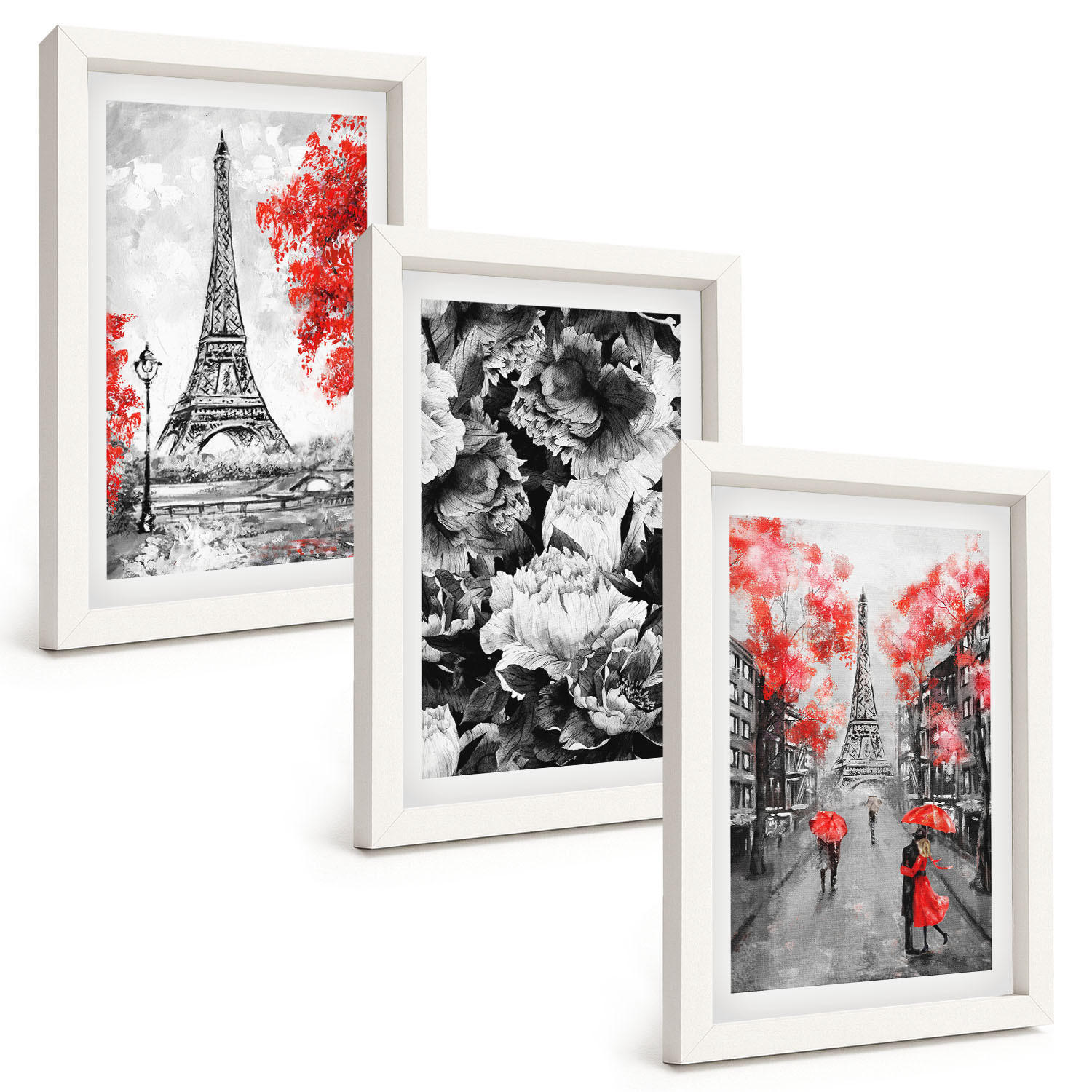 BILDER SET 3er Set - 20x30 cm Weißer Rahmen - graue Gemälde des Eiffelturms - Weiß, Kunststoff (20/30cm) - TULUP