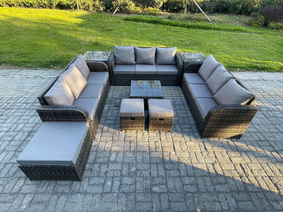 GARTENMÖBELGARNITUR mit KISSEN Polyrattan Dunkelgrau 12-Sitzer - Dunkelgrau/Grau, Glas/Kunststoff - Fimous