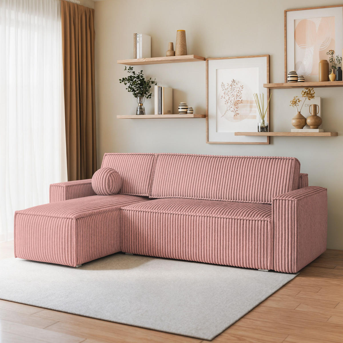 ECKSOFA RAVELO T Rosa Kordstoff mit Schlaffunktion - Rosa, Holz (240/140cm) - MASSENO