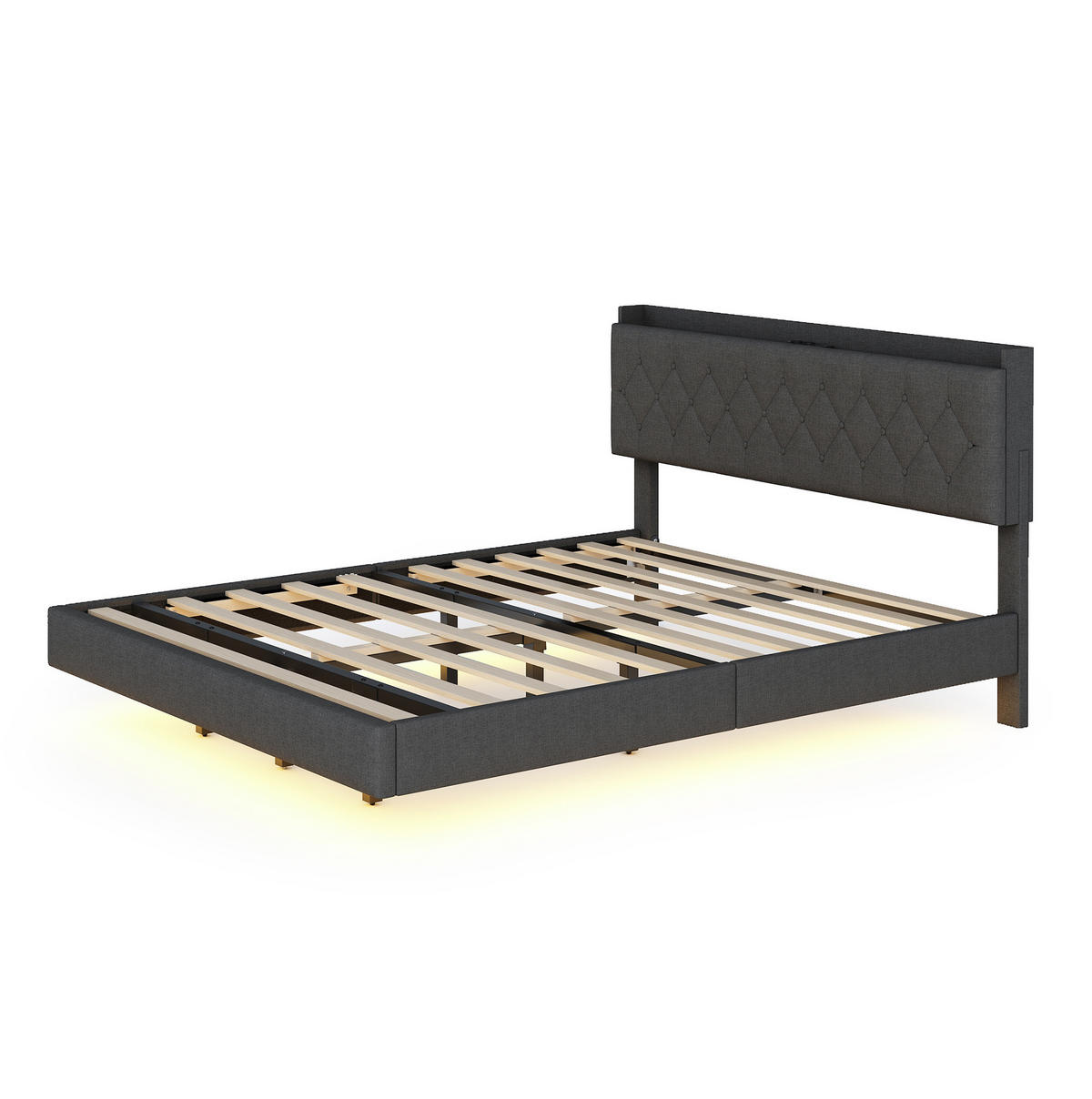 POLSTERBETT 160/200 cm aus Leinenstoff mit LED-Lichtleiste, USB-Anschluss und Stauraum, Grau - Grau, Textil (160/200cm) - Redom