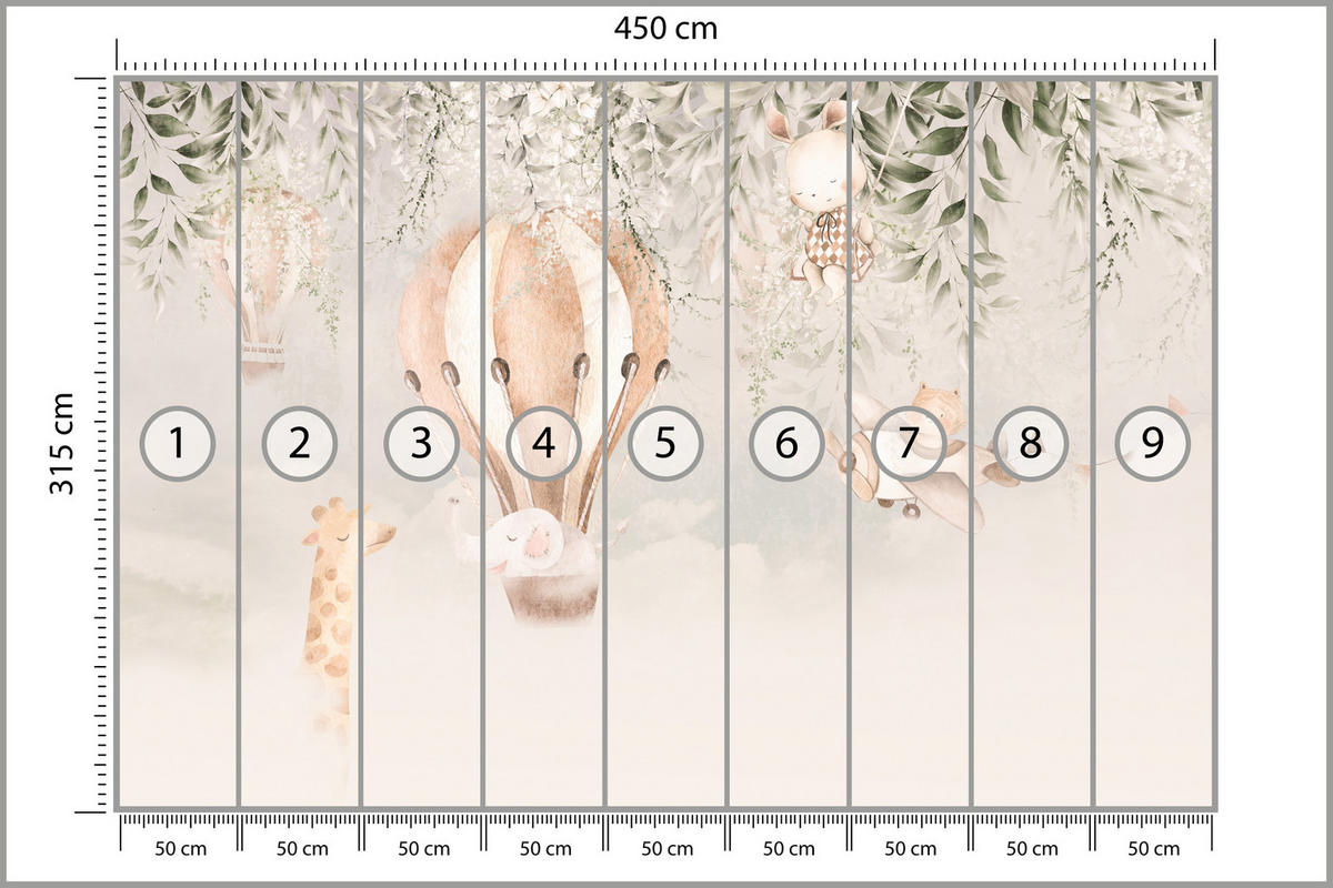 FOTOTAPETE für Kinderzimmer Tiere Wolken Ballons Giraffe Sonne 450x315 - Beige/Braun, Papier (450/315cm) - Muralo