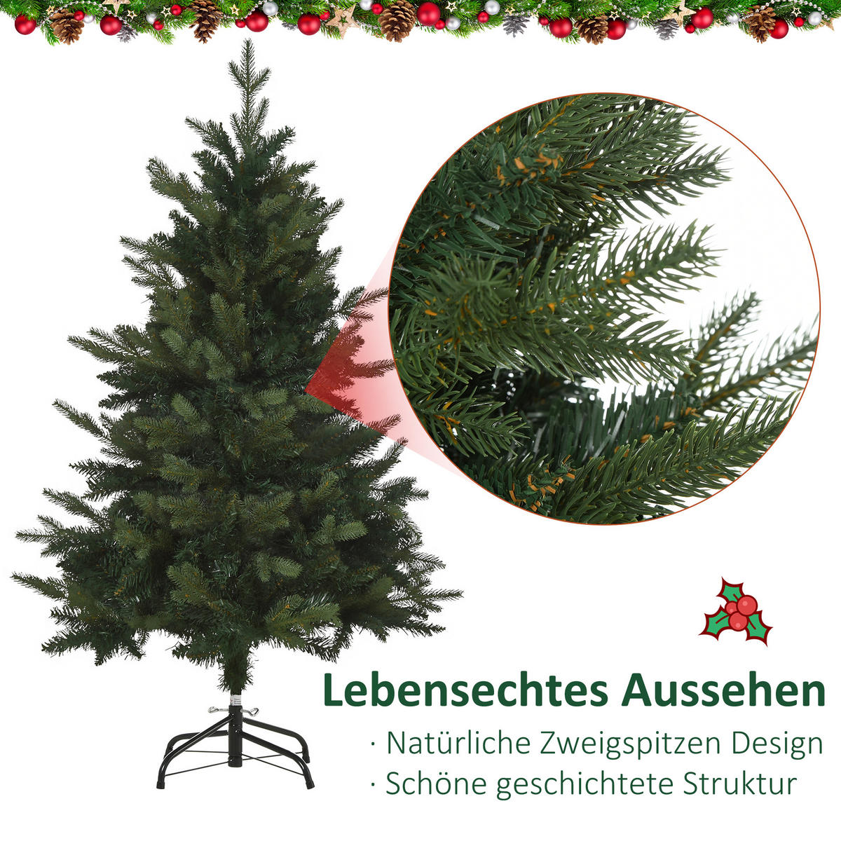 WEIHNACHTSBAUM 1,2 m Christbaum Kunsttanne 657 Zweige Metallfuß PVC Weiß - Grün, Kunststoff (120cm) - HOMCOM
