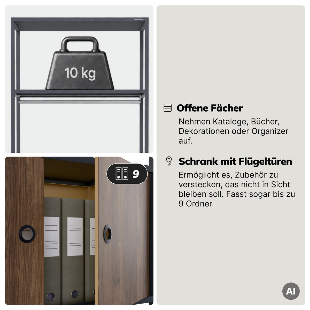 OFFENES Büroregal ARIEL 80 × 220 × 40 cm - Anthrazit/Nussbaumfarben, Metall (80/220/40cm)
