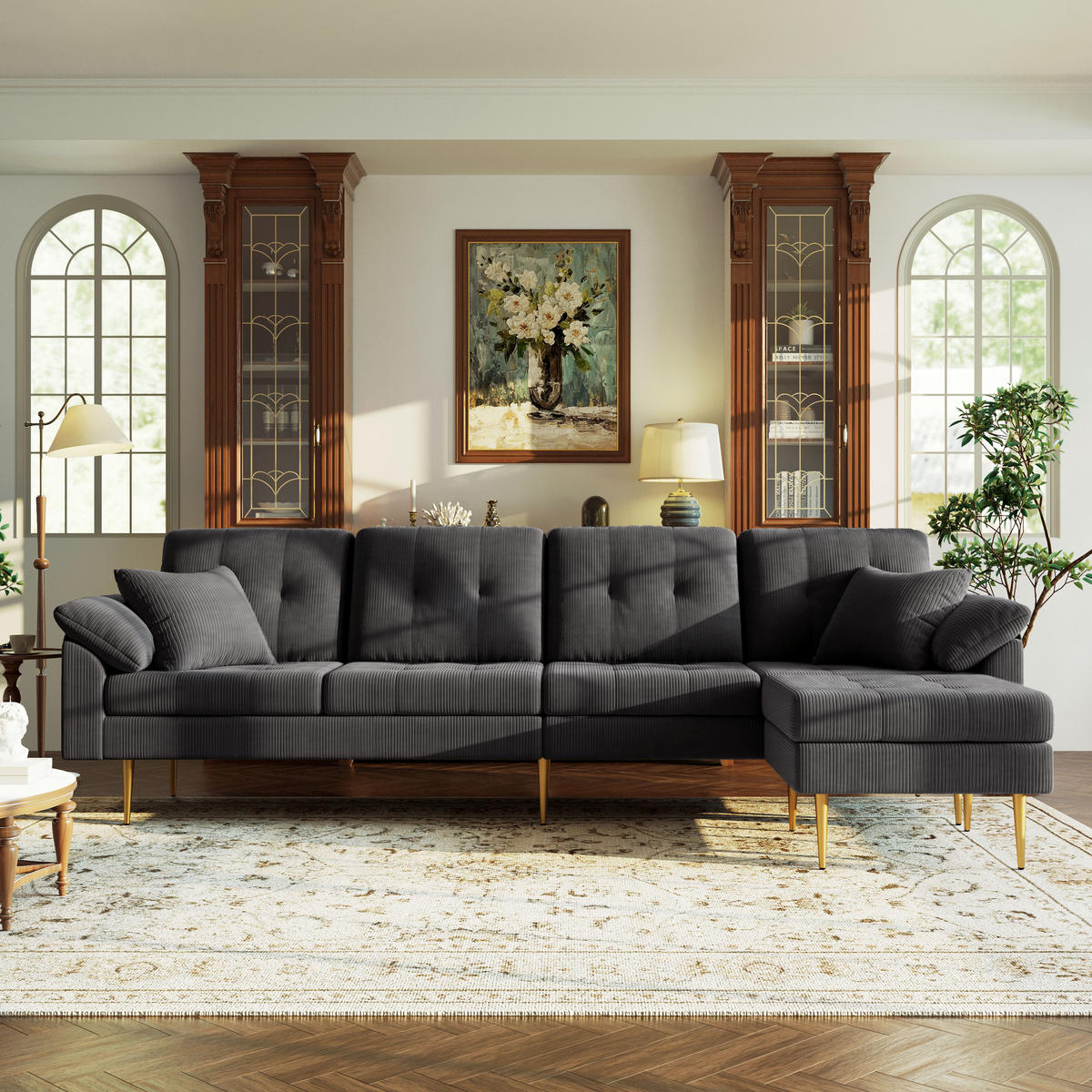 ECKSOFA 4-Sitzer mit flexiblem Hocker, DE-42943, Dunkelgrau - Dunkelgrau, Metall (250/70cm) - ComfortXL
