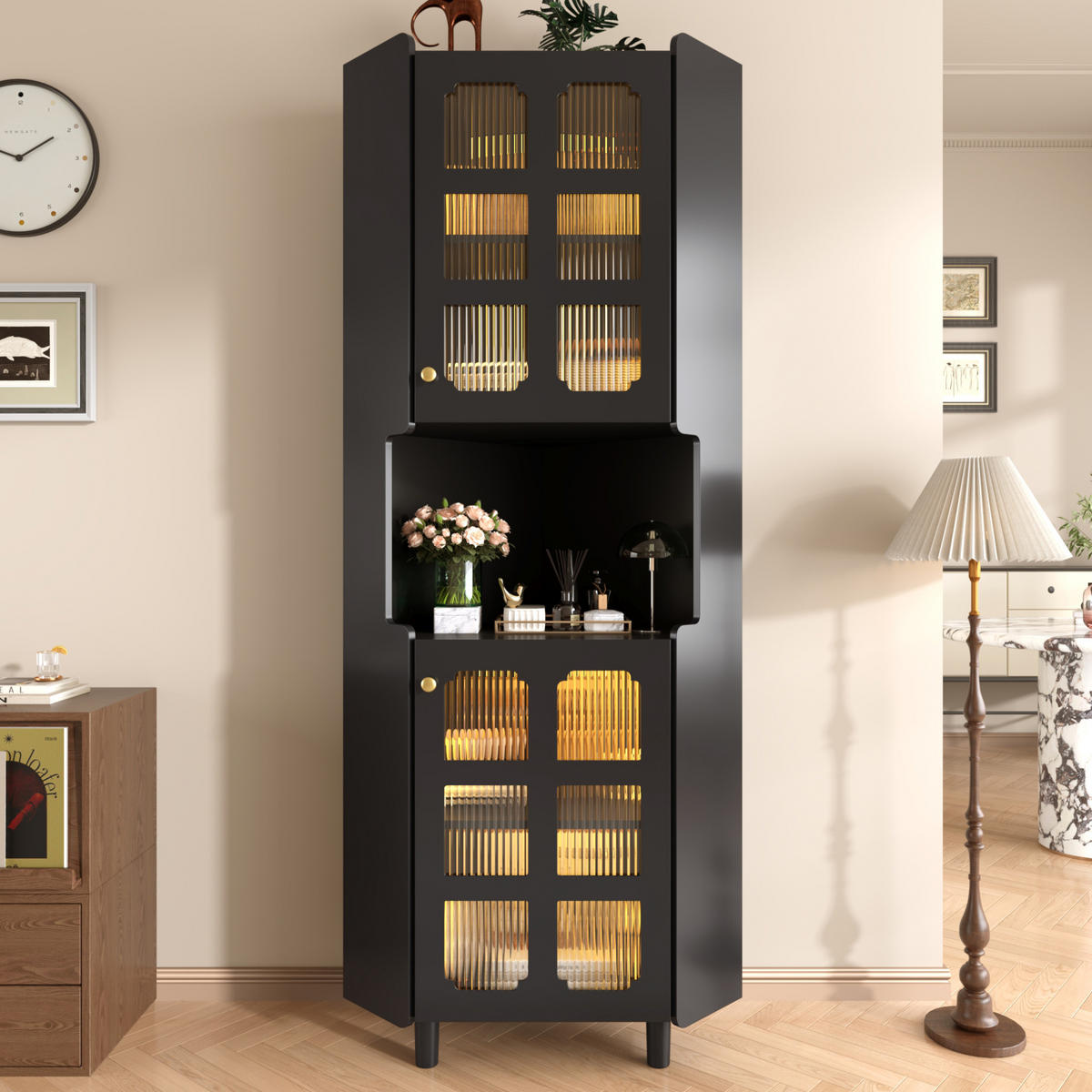 HOCHSCHRANK 63,5/157,5 cm aus MDF mit App-gesteuerter LED-Beleuchtung Schwarz - Schwarz, Holzwerkstoff (63.5/157.5/17cm) - Modenvie