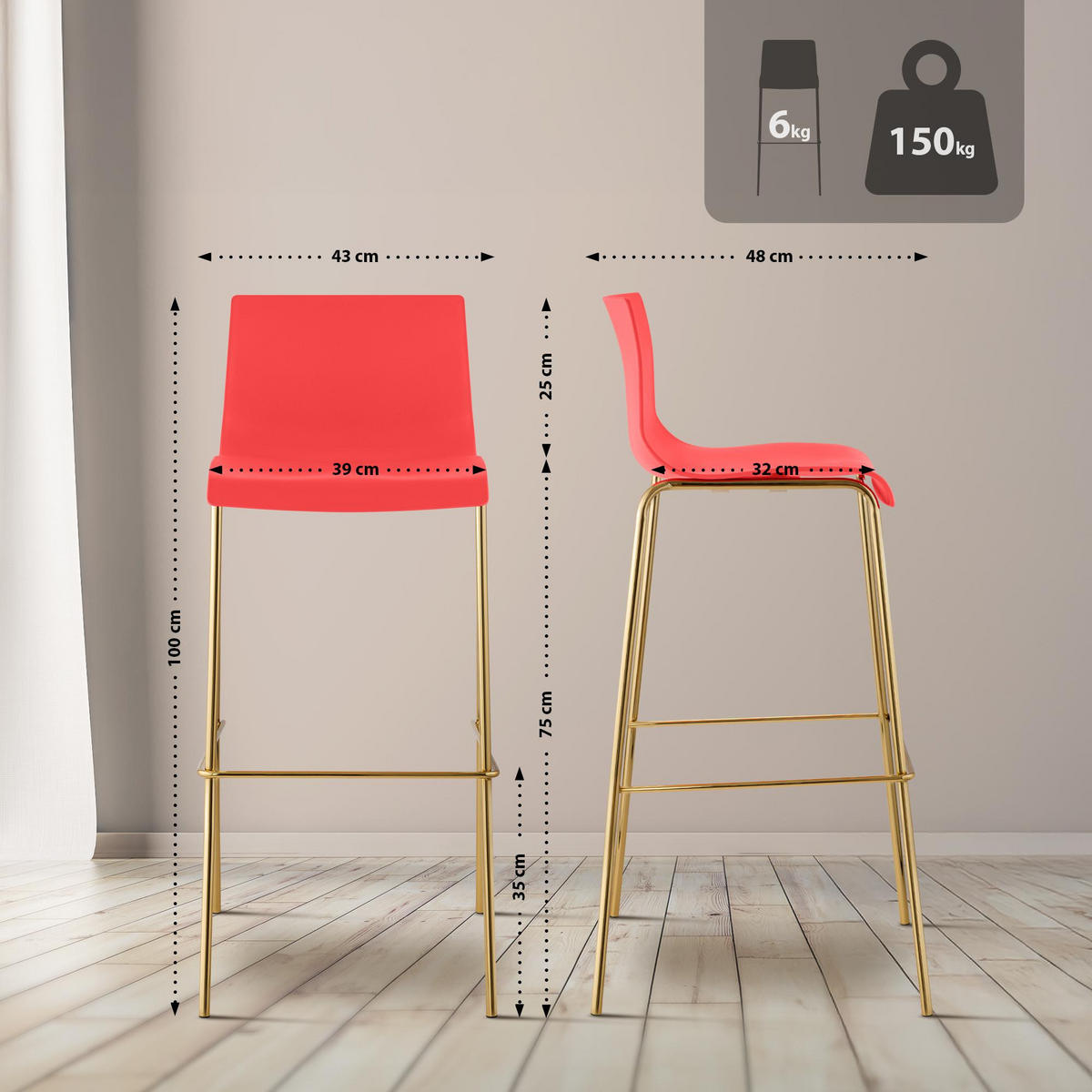 BARHOCKER Kunststoff Rot - Rot/Goldfarben, Kunststoff/Metall (43/100/48cm) - CLP