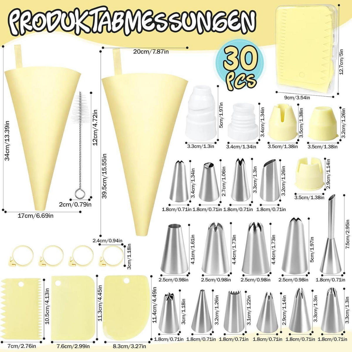 SPRITZBEUTEL Set 30-teilig mit Edelstahl-Tüllen - Gelb, Kunststoff (17/3.4/39.5cm)
