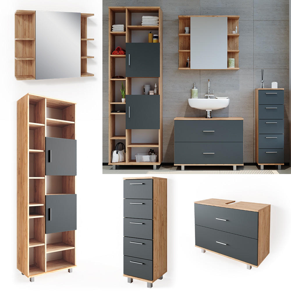 BADMÖBEL-SET Ilias Anthrazit/Goldkraft Eiche 4 Teile, mit Hochschrank - Anthrazit/Eiche Wotan, Holzwerkstoff (80.2/60.8/33cm) - Vicco