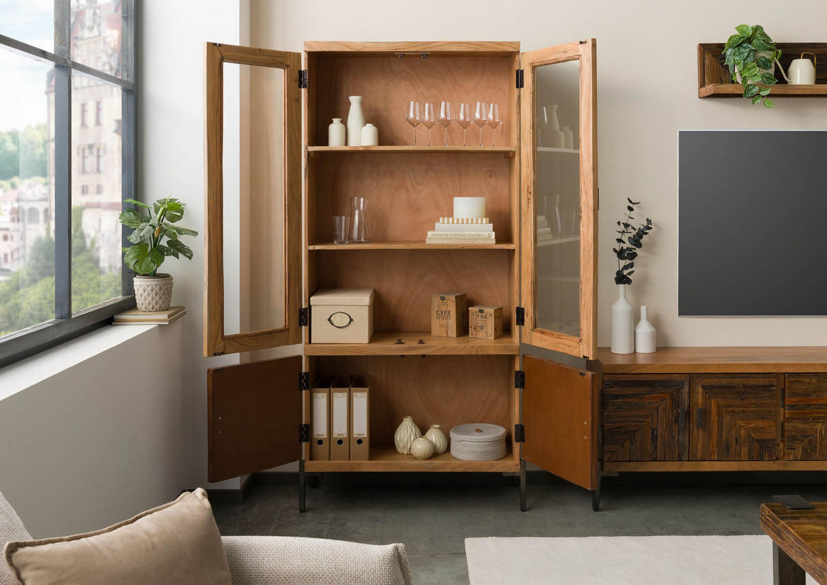 VITRINE Altholz 90x40x198 natur lackiert LYON #160 - Braun, Holz (90/198/40cm) - Massivmoebel24