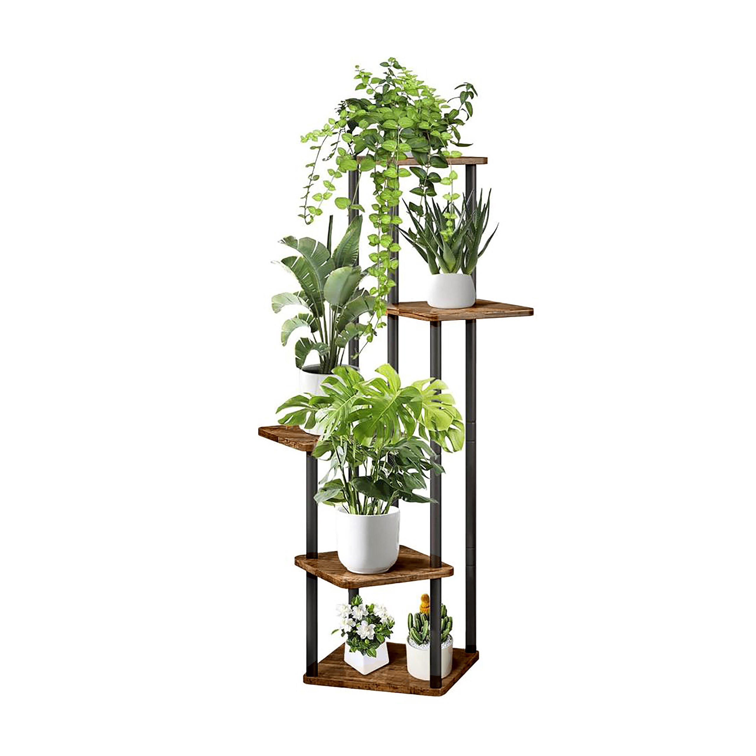 PFLANZENREGAL Schwarz Industrial 5 Ablagen Eisen MDF 107 x 58 cm - Multicolor, Holzwerkstoff/Metall (58/107/58cm) - Relaxdays