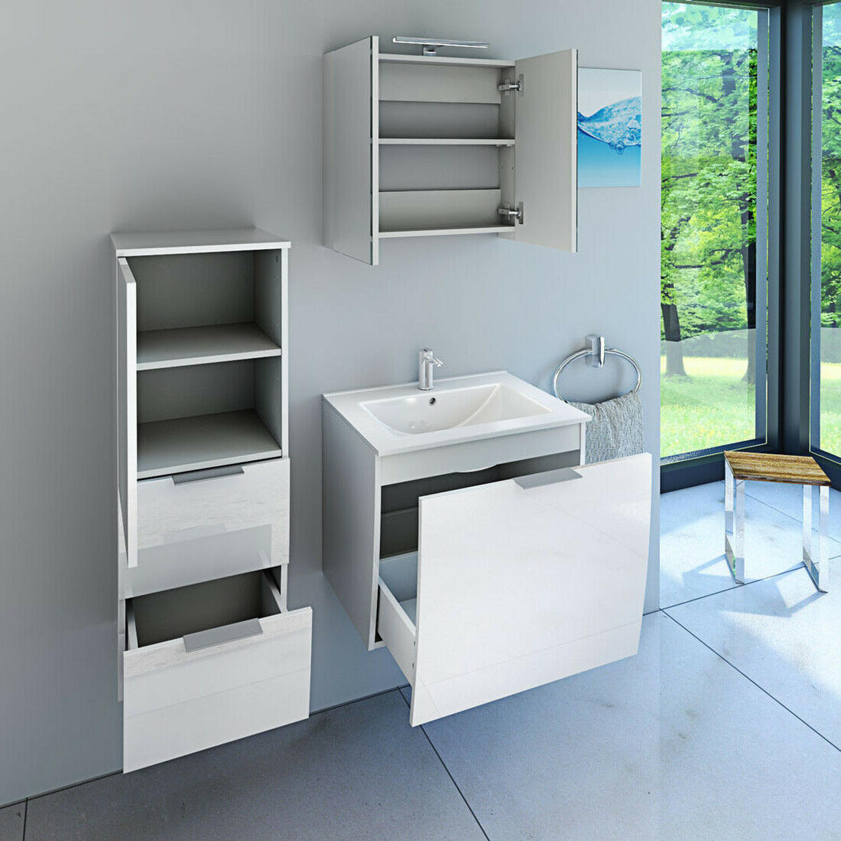 BADMÖBEL Set Gently 1 V2 L Weiß MDF Waschtisch 60cm ohne LED Beleuchtung - Weiß, Glas/Kunststoff (46/52/60cm) - AcquaVapore by Sandra Jentho