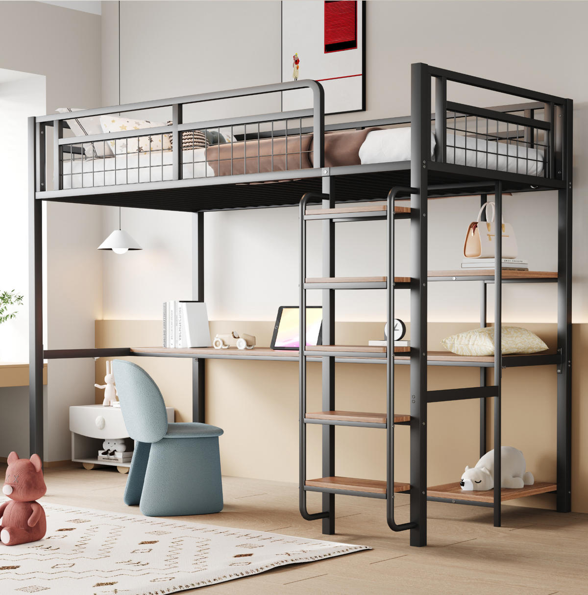 HOCHBETT 90/200 cm in Schwarz mit Schreibtisch, Regalen und Sicherheitsleiter - Schwarz, Metall (90/200cm) - Flora Grace