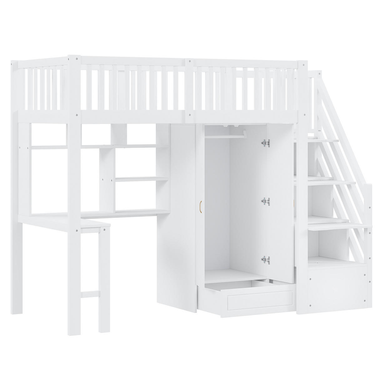 HOCHBETT 90/200 cm in Weiß mit Schreibtisch, Kleiderschrank und Stauraumtreppe - Weiß, Holz (90/200cm) - BEAOK