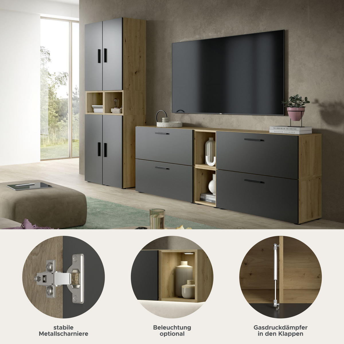 WOHNWAND The One Basalt grau 259/34/182 cm - Braun, Holzwerkstoff (259/182/34cm) - Xonox