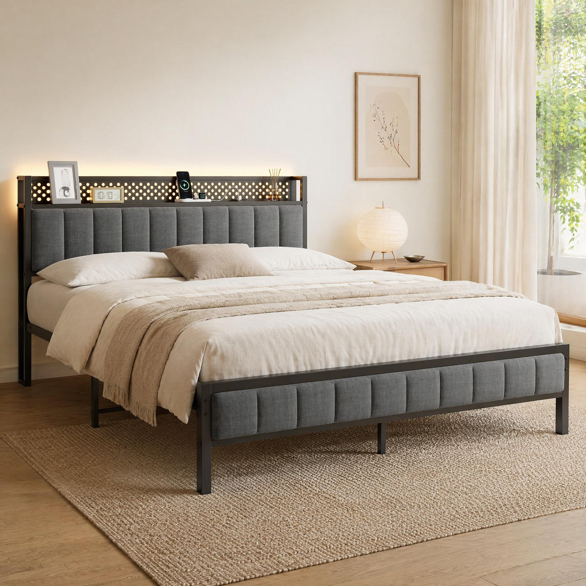 METALLBETT 140/200 cm in Schwarz mit gepolstertem Kopfteil, LED und USB - Schwarz, Holzwerkstoff/Textil (140/200cm) - CHICFURN