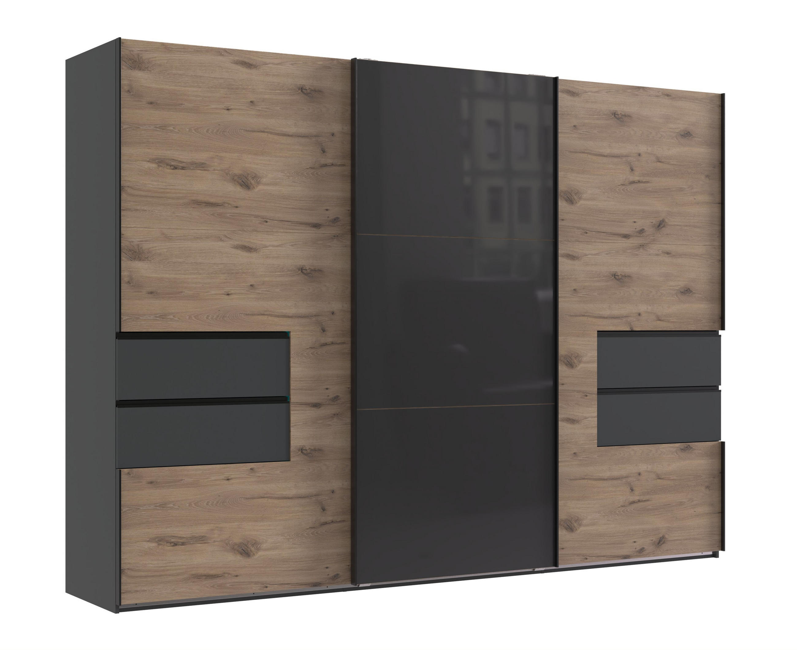 SCHWEBETÜRENSCHRANK B300/H216/T65 cm, Korpus+Schubladen Grafit, Türen eichefarben / Glas Grau, inkl. Vollausstattung / 22056 - Eichefarben/Schwarz, Holzwerkstoff/Metall (300/216/65cm) - luma-home