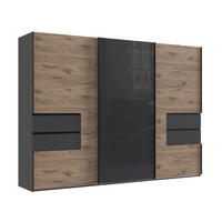 SCHWEBETÜRENSCHRANK B300/H216/T65 cm, Korpus+Schubladen Grafit, Türen eichefarben / Glas Grau, inkl. Vollausstattung / 22056 - Eichefarben/Schwarz, Holzwerkstoff/Metall (300/216/65cm) - luma-home