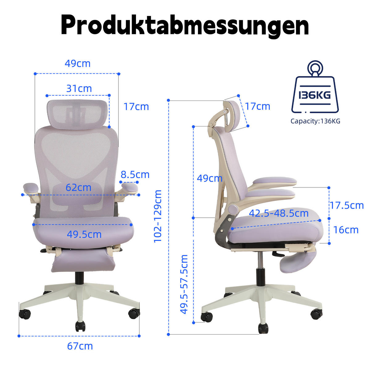 DREHSTUHL DE-40943 mit klappbarer Rückenlehne und 3D-Kopfstütze Violett - Lila, Metall (62/129/48.5cm) - ComfortXL