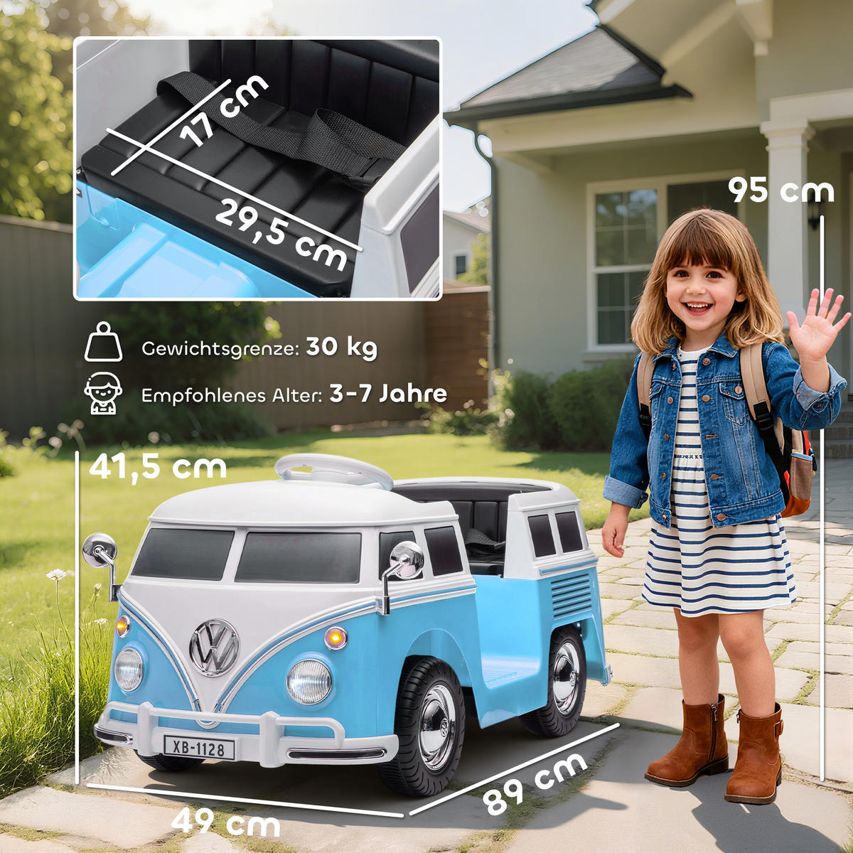 KINDER-ELEKTROAUTO mit MP3 Doppelmotor Hupe LED-Leuchte - Blau, Metall (89/49/41.5cm) - AIYAPLAY