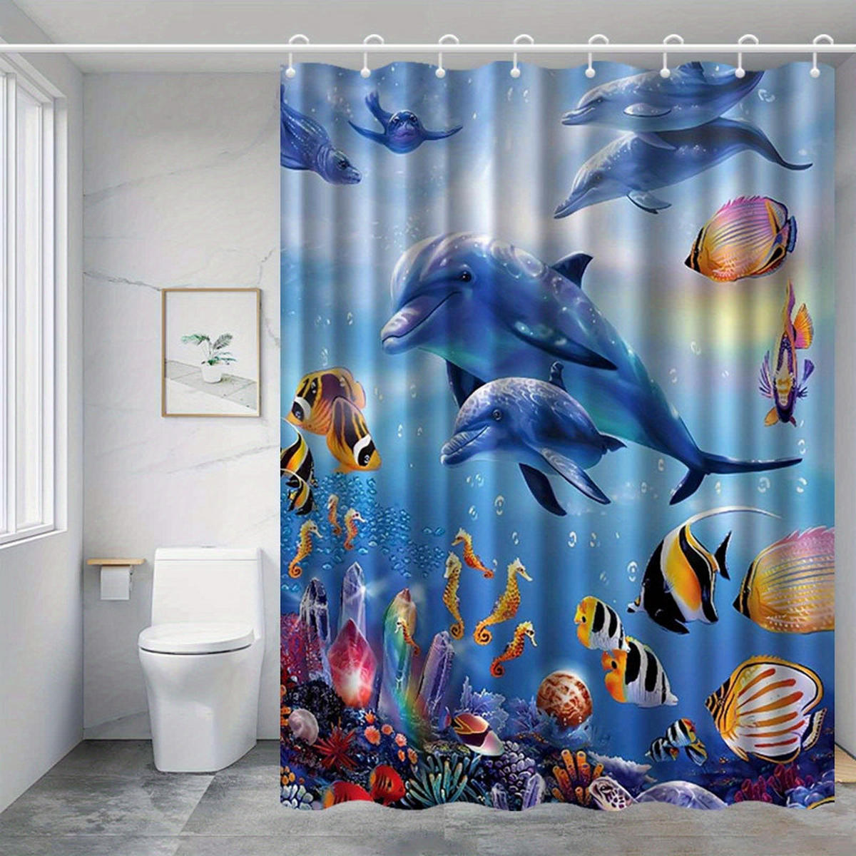DUSCHVORHANG Muster Delfin Ozean dekorativ fürs Badezimmer Haken - Blau, Textil (120/180cm) - MCBOSON