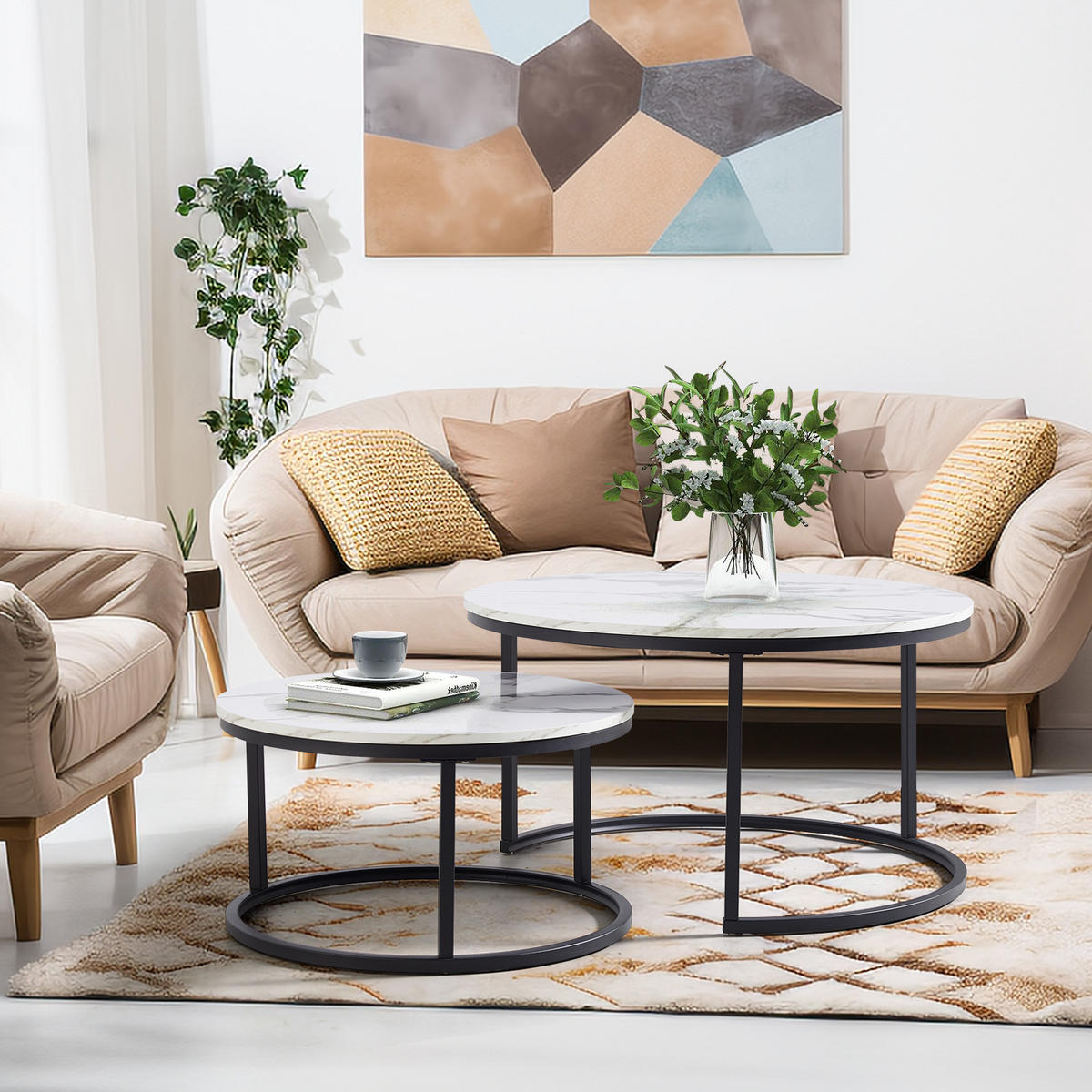 COUCHTISCH 2er-Set mit Eisenrahmen und MDF-Platte - Weiß, Holzwerkstoff (80/80/45cm) - OKWISH