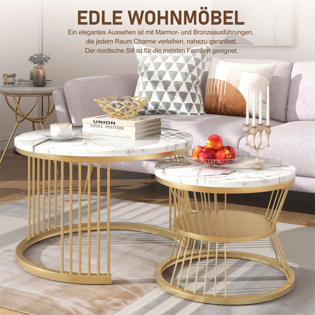 COUCHTISCH 2er Set - Runder Couchtisch 70 cm & 45 cm - Ineinander Schiebbar Marmoroptik - Gold & Weiß - Weiß, Holzwerkstoff (70/70/45.5cm) - DELFA