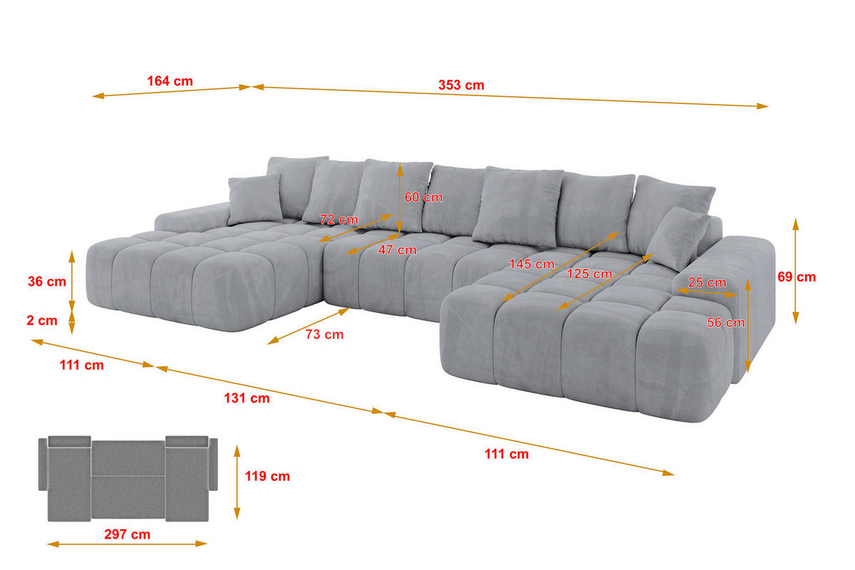WOHNLANDSCHAFT ENSI-U - 353x164x69 cm Titanfarben - Titanfarben, Holzwerkstoff/Kunststoff (357/69/164cm) - ALTDECOR