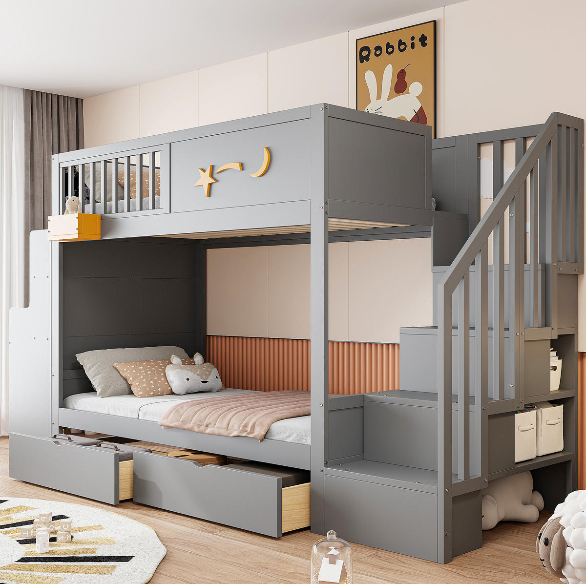 ETAGENBETT 90/200 cm grau aus Holz mit Schreibtisch - Grau, Holzwerkstoff (90/200cm) - OKWISH