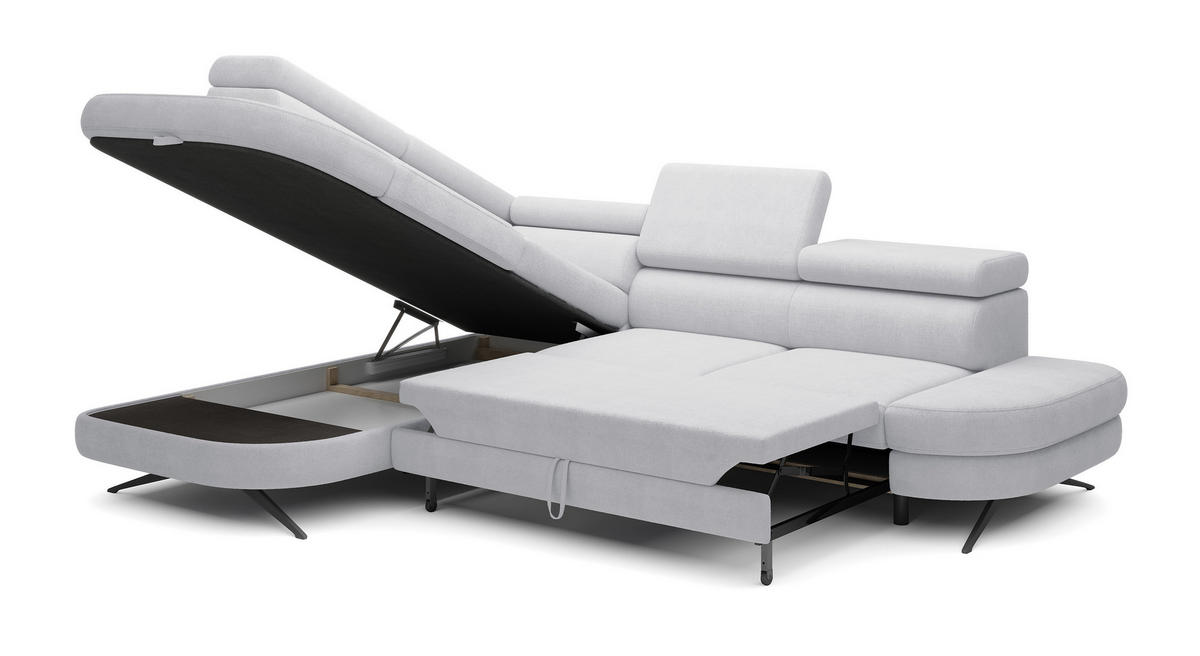 ECKSOFA OTIS L-förm, Schlaffunktion, verstellbare Kopfstützen, in AURORA-Stoff, lose Rückenkissen, freistehend, LINKS 218x276x97 cm Stainless colour - Edelstahlfarben, Holz/Textil (218/276cm) - DomoHome
