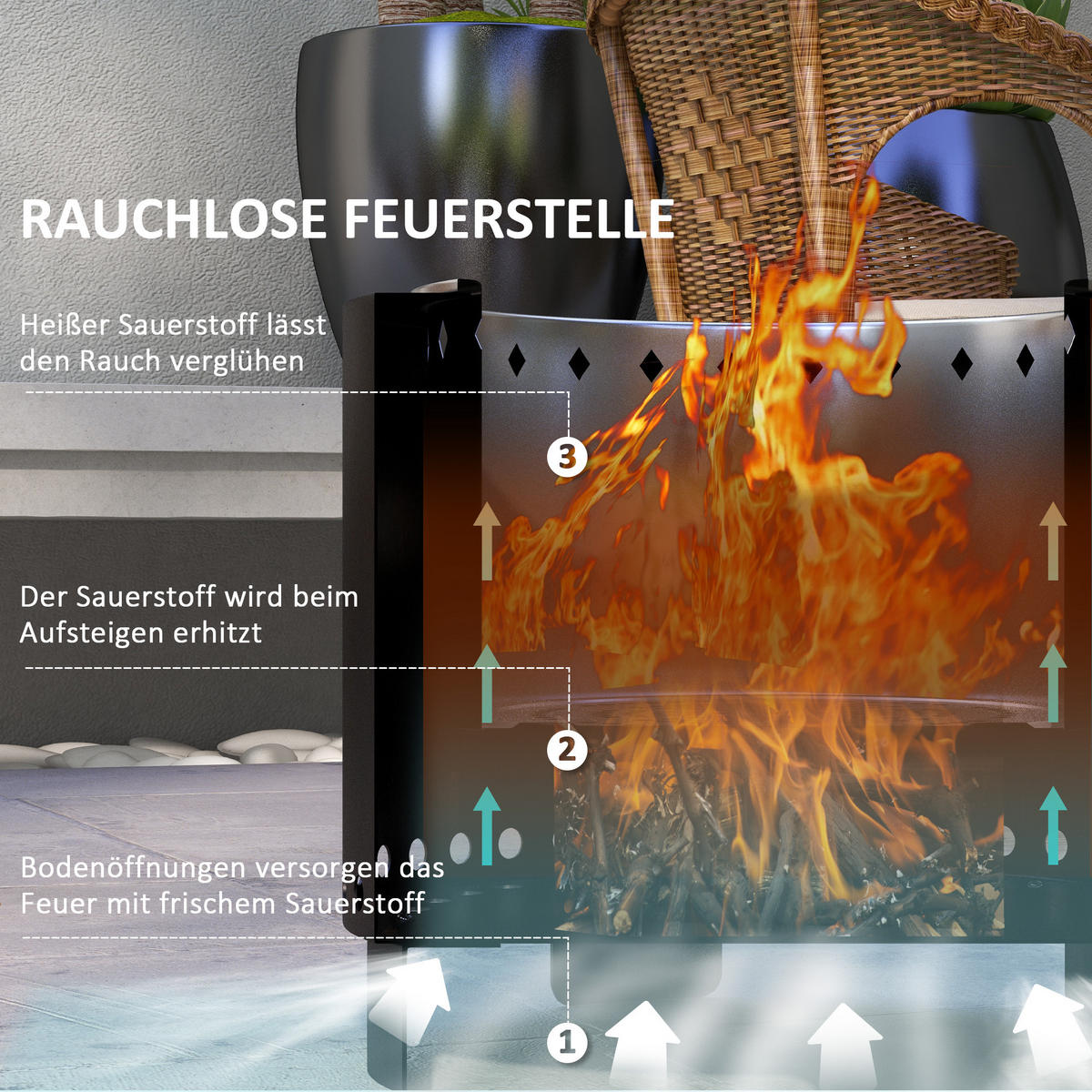 FEUERSCHALE, rauchfreier Tischfeuer, Ø45 cm Feuerstelle mit Griff, Schürhaken - Schwarz, Metall (45/42/45cm) - Outsunny