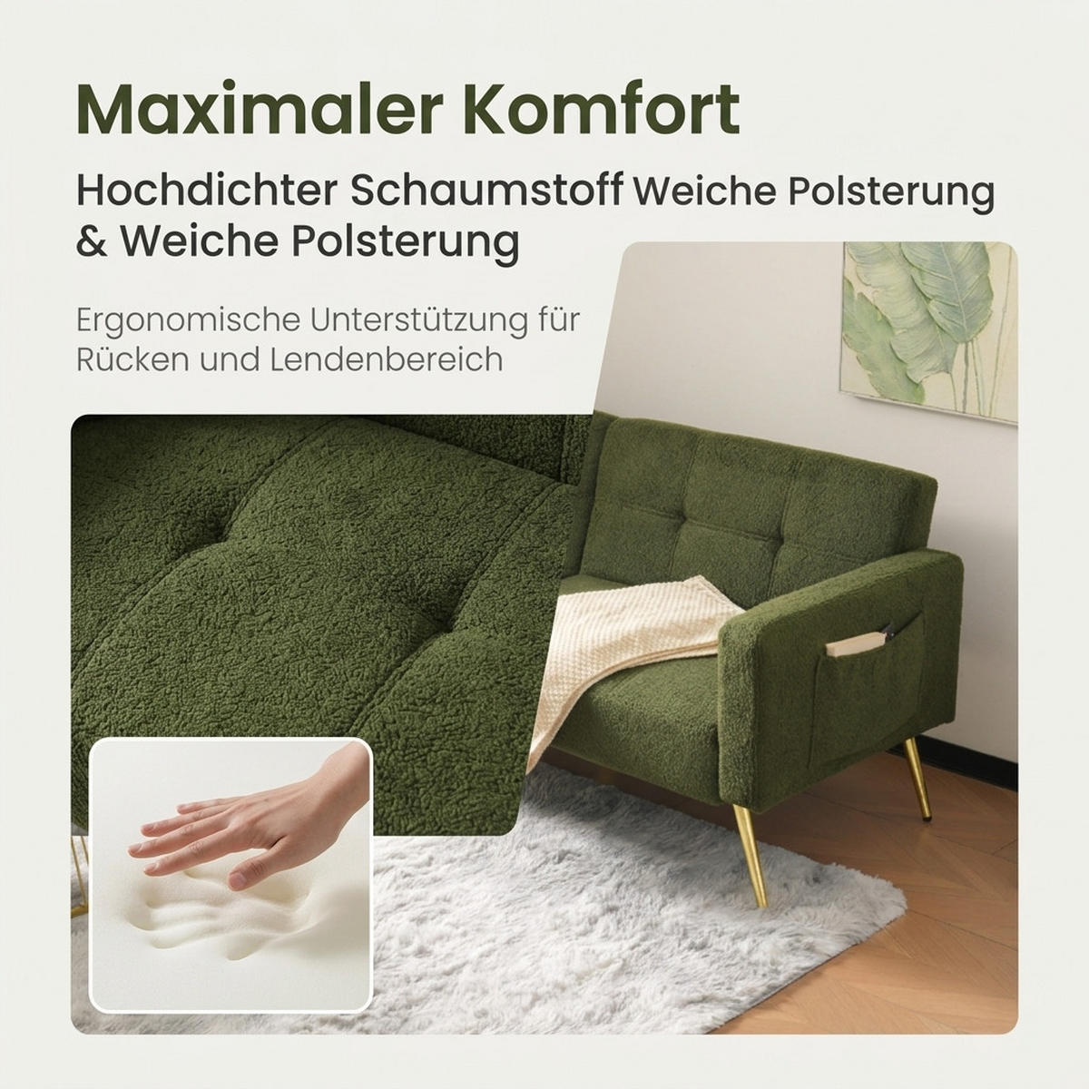 SCHLAFSOFA 175/64/72 cm Antikgrün Wollstoff mit Kissen und seitlichen Aufbewahrungstaschen - Olivgrün, Textil (64/72/175cm) - Oxeza