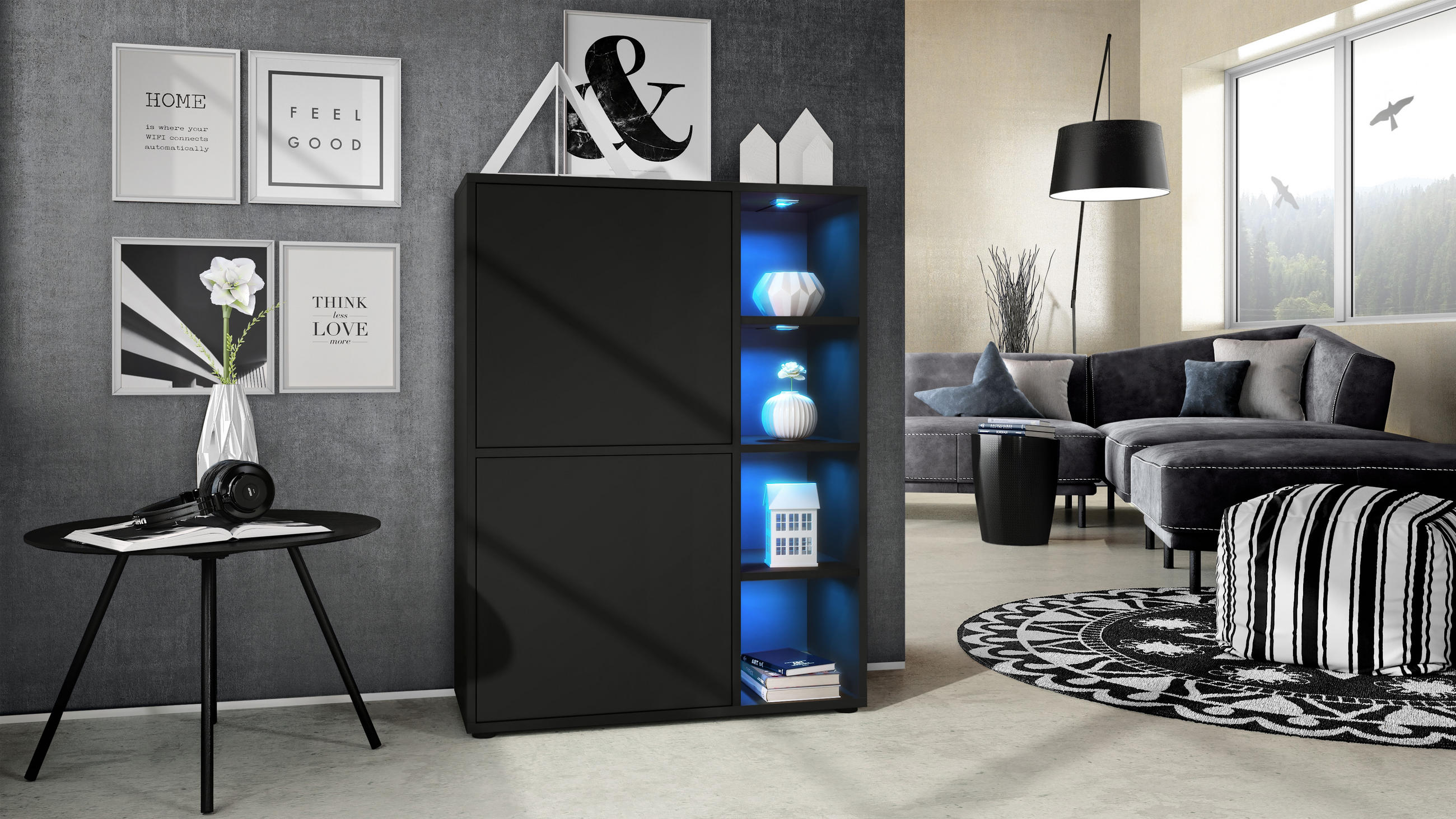 Thumbnail - Vladon Highboard, Schwarz, Holzwerkstoff, 79x105.5x35.5 cm, Wohnzimmer, Kommoden & Sideboards, Highboards