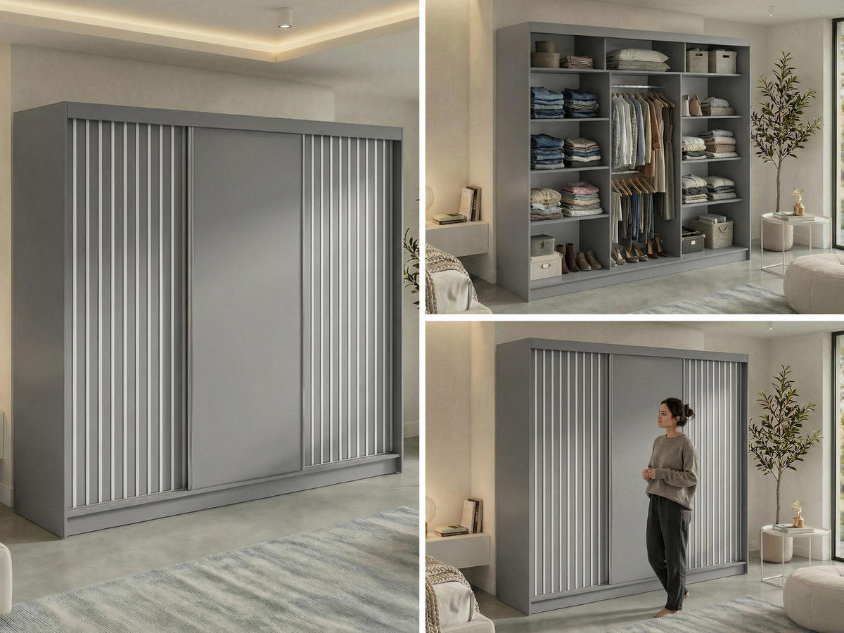 SCHWEBETÜRENSCHRANK mit Lamellen LUMOS - 240 - Grau und Weiß - Alufarben/Weiß, Holzwerkstoff/Metall (240/216/61cm) - MKS