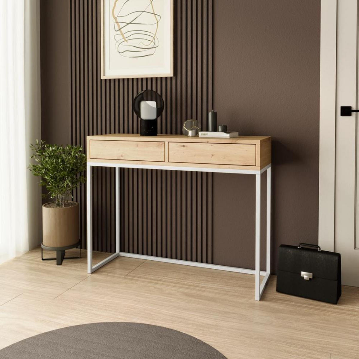 KONSOLENTISCH Lango 100/85/35 eiche Artisan mit weißen Matellbeinen - Weiß/Eiche Artisan, Holzwerkstoff/Metall (35/100/85cm) - Beautysofa