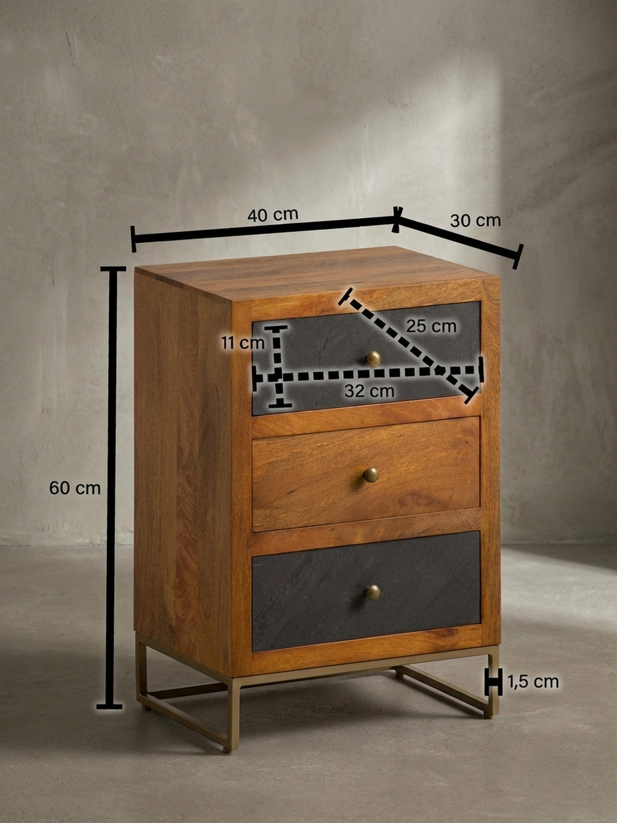 NACHTTISCH Massivholz Steinoptik 3 Schubladen Metallgestell, Braun 40x30x60 cm - Goldfarben/Braun, Holz/Metall (40/60/30cm) - KADIMA DESIGN