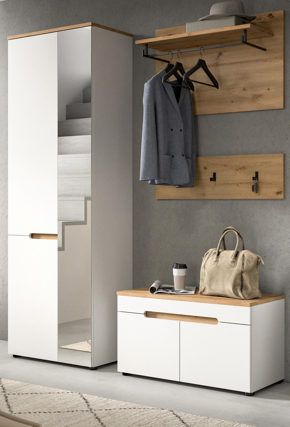 GARDEROBENSCHRANK weiß, Eiche Artisan 65 cm, Schuhschrank mit Soft-Close - Weiß, Glas/Holzwerkstoff (65/190/37cm) - Inn.Furn