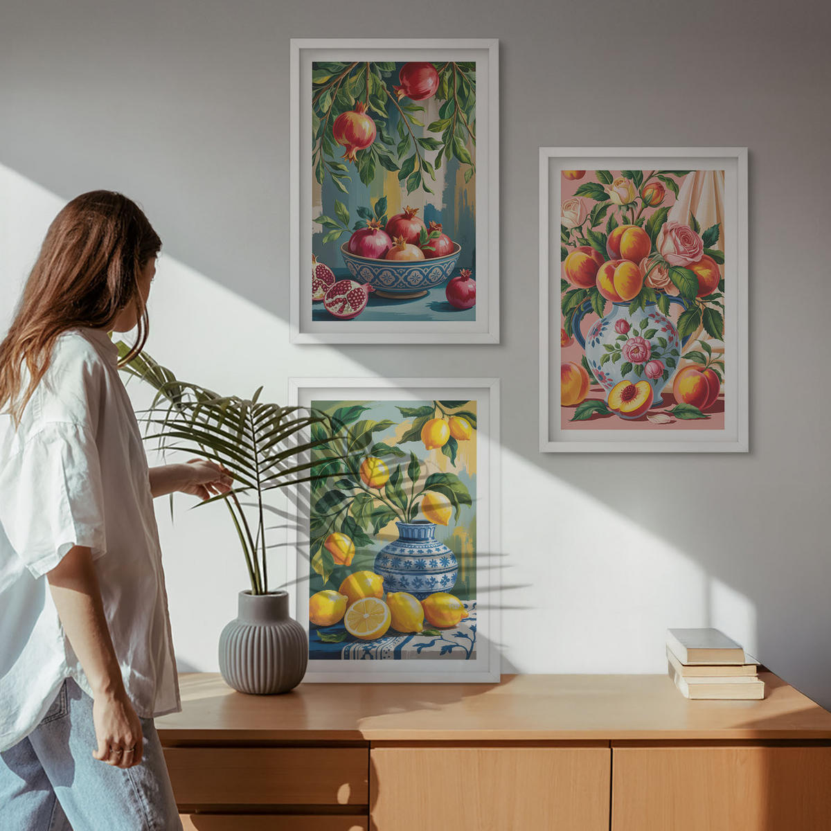 BILDER SET 3er Set - 40x60 cm Weißer Rahmen - Fruchtzusammensetzung von Granatäpfeln - Weiß, Kunststoff (40/60cm) - TULUP