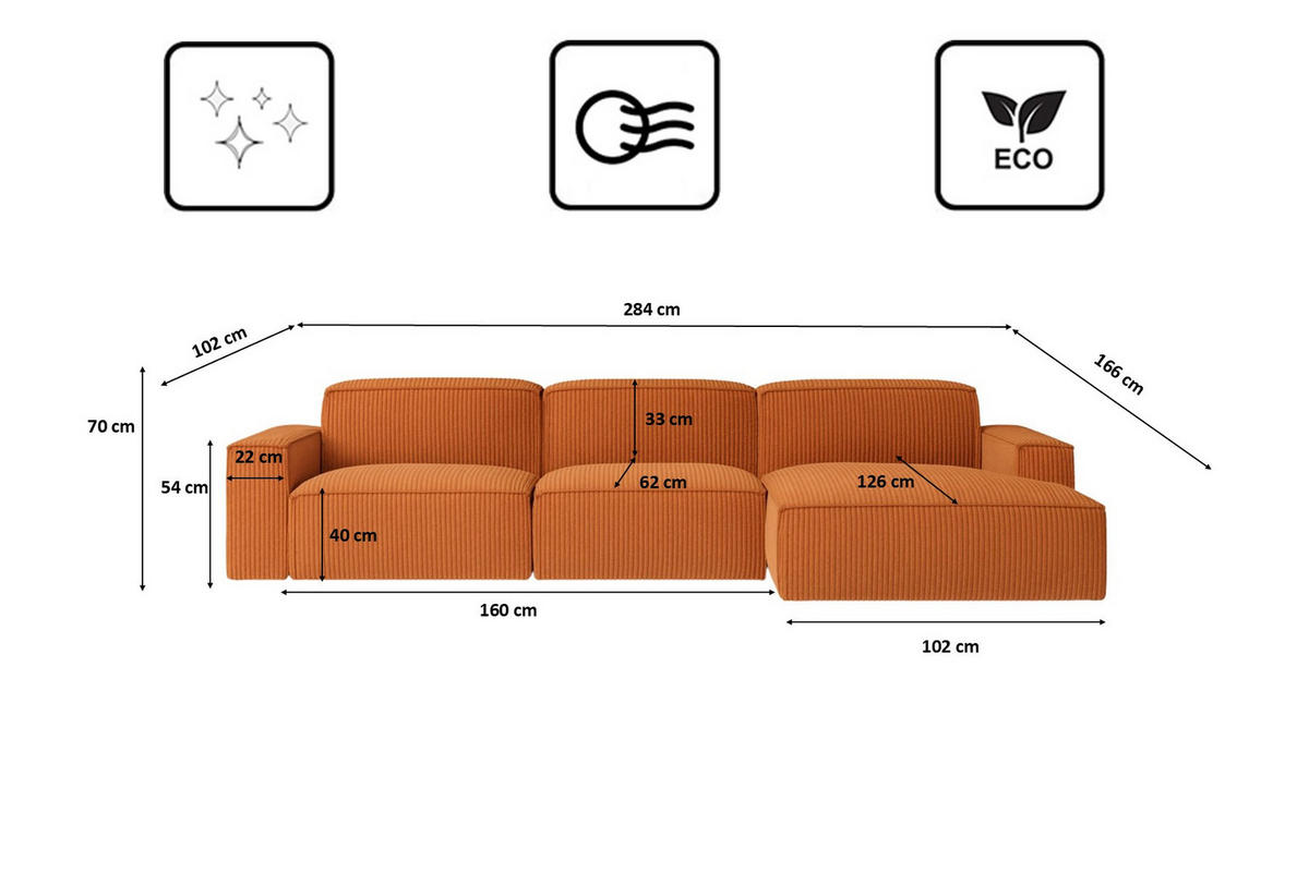 ECKSOFA Cursal L-Form, Stoff Poso, Kupfer, Rechts - Orange, Holz (284/166cm) - Kaiser Möbel