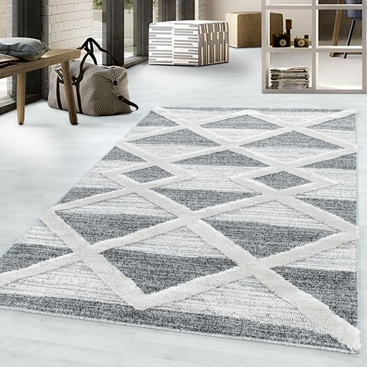 TEPPICH Hochflor Hoch-Tief Geometrisch Polypropylen Wohnzimmer Grau Läufer 60x110 - Grau, Textil (60/110cm) - KADIMA DESIGN