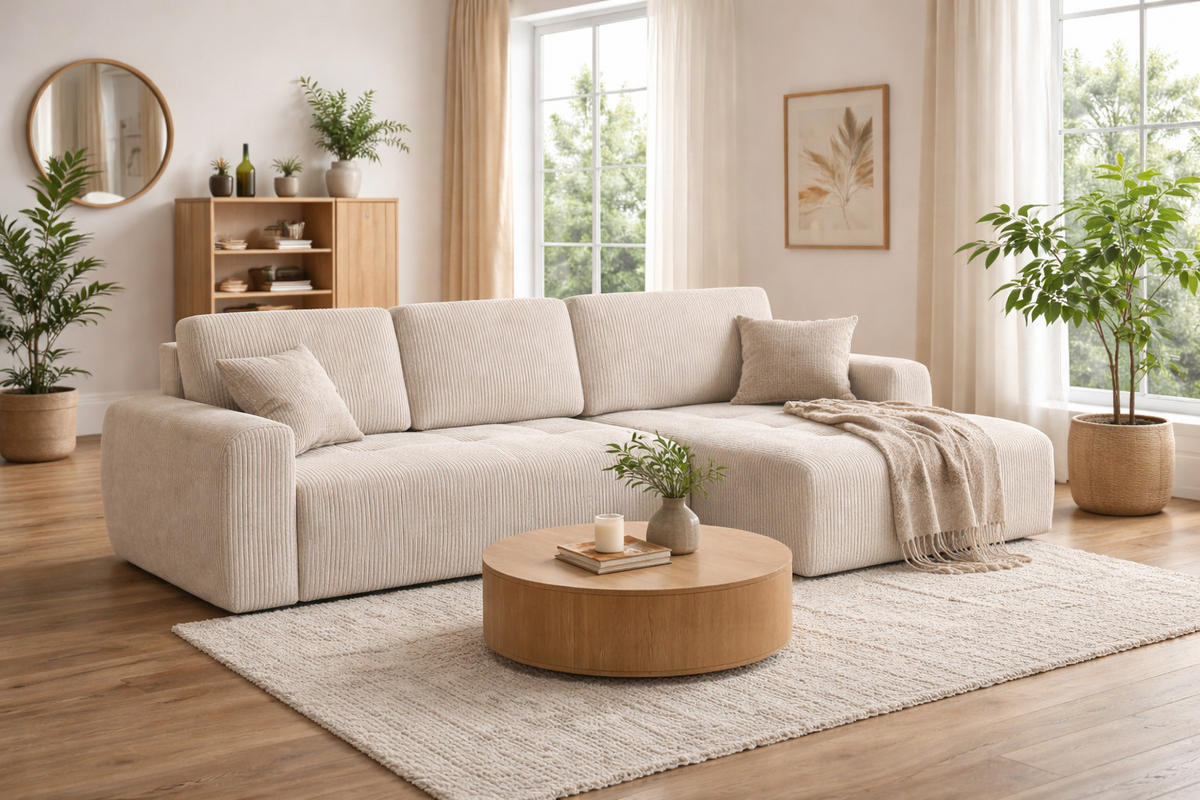 ECKSOFA Mit Schlaffunktion Und Bettkasten L-Form Ivo XL, Cordstoff Poso, Beige, Rechts - Beige, Holz (280/142cm) - Kaiser Möbel